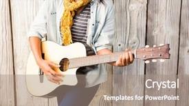  Presentation with woman - Beautiful slide set featuring smiling casual woman playing guitar backdrop and a coral colored foreground