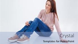 Presentation with floor - PPT theme enhanced with smiling-casual-woman-sitting background and a light blue colored foreground