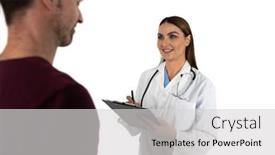  Presentation with lab coat - PPT theme enhanced with smiling-caucasian-female-doctor-wearing background and a light gray colored foreground