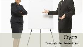  Presentation with filipino - Colorful presentation theme enhanced with smiling caucasian middle-aged businessman and filipino businesswoman standing making presentation against white background backdrop and a soft green colored foreground