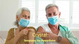  Presentation with face masks - Presentation design having smiling-caucasian-senior-couple background and a  colored foreground