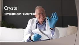  Presentation with lockdown - PPT theme featuring smiling-caucasian-senior-male-doctor background and a dark gray colored foreground
