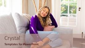  Presentation with living life - PPT theme enhanced with smiling-caucasian-woman-sitting background and a coral colored foreground