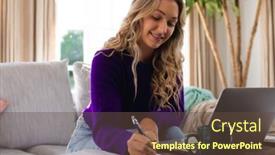  Presentation with working remotely - Slide set consisting of smiling-caucasian-woman-using-laptop background and a tawny brown colored foreground