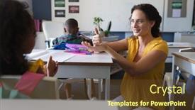  Presentation with american sign language - Slide set having smiling-caucasian-young-female-teacher background and a tawny brown colored foreground