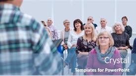  Presentation with public presentation - Presentation theme consisting of smiling-charismatic-speaker-giving-public background and a teal colored foreground
