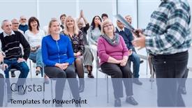  Presentation with public presentation - PPT theme with smiling-charismatic-speaker-giving-public background and a light blue colored foreground