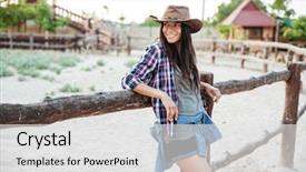  Presentation with cowgirl - Cool new slides with smiling charming young woman cowgirl standing and leaning on fence backdrop and a white colored foreground