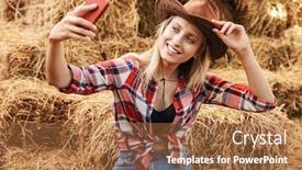  Presentation with cowgirl - PPT layouts having smiling cheerful young blonde cowgirl sitting on a haystack at the barn taking a selfie background and a coral colored foreground