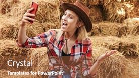  Presentation with cowgirl - Slide deck enhanced with smiling cheerful young blonde cowgirl sitting on a haystack at the barn taking a selfie background and a red colored foreground