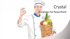  Presentation with grocery bag - Slides featuring smiling chef gesturing delicious hand sign and holding a grocery bag full with vegetables isolated on white background background and a white colored foreground