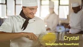  Presentation with commercial - Amazing PPT layouts having smiling-chef-mixing-dough backdrop and a tawny brown colored foreground
