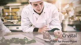  Presentation with chef - Amazing presentation having smiling chef putting mint with his dessert in the kitchen backdrop and a coral colored foreground