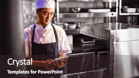 Presentation with using digital tablet - PPT theme featuring smiling chef using digital tablet background and a wine colored foreground
