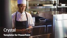  Presentation with using digital tablet - Audience pleasing PPT layouts consisting of smiling chef using digital tablet backdrop and a tawny brown colored foreground