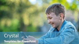  Presentation with child teen - Theme having smiling-child-is-texting background and a teal colored foreground