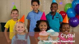  Presentation with children birthday - Cool new presentation theme with smiling children during birthday party backdrop and a  colored foreground