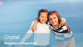  Presentation with children - Slide set consisting of smiling children hugging over blue background and a light blue colored foreground