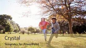  Presentation with children running - PPT theme featuring smiling children running on field background and a  colored foreground