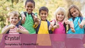  Presentation with classmates - Presentation design consisting of smiling classmates doing thumbs background and a coral colored foreground