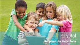  Presentation with classmates - Presentation design enhanced with smiling classmates using tablet together on campus background and a teal colored foreground