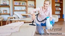  Presentation with cleaning - Audience pleasing theme consisting of smiling-cleaner-with-handheld-vacuum backdrop and a coral colored foreground