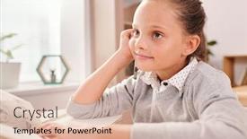  Presentation with questions - Slide set enhanced with smiling-clever-schoolgirl-with-open background and a lemonade colored foreground