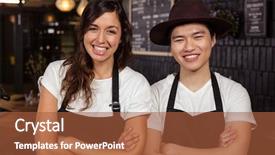  Presentation with overseas workers - Beautiful PPT theme featuring smiling co-workers posing with crossed arms at the coffee shop backdrop and a red colored foreground