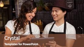  Presentation with college coffee shop - Cool new slides with smiling co-workers using tablet backdrop and a tawny brown colored foreground