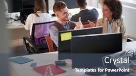  Presentation with team discussion - Presentation theme having smiling-colleagues-discussion-at-office background and a ocean colored foreground