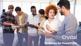 Presentation with five business people standing together and smiling - PPT theme enhanced with smiling colleagues with tablet pcs background and a  colored foreground
