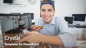  Presentation with maintenance - Beautiful PPT layouts featuring smiling computer engineer working backdrop and a tawny brown colored foreground