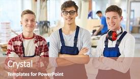  Presentation with blue line - Presentation with smiling confident young carpentry students background and a coral colored foreground