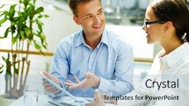  Presentation with obsolete - Theme enhanced with smiling consultant preferring modern technology to obsolete forms of doing business background and a light blue colored foreground