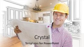  Presentation with custom - Cool new PPT theme with smiling contractor holding blueprints over custom kitchen drawing and photo combination backdrop and a mint green colored foreground