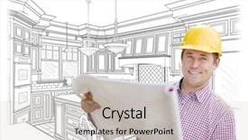  Presentation with custom - Slide set consisting of smiling contractor holding blueprints over custom kitchen drawing background and a light gray colored foreground