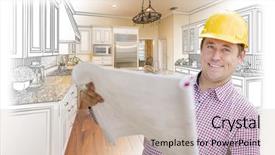  Presentation with custom - Cool new slide deck with smiling contractor holding blueprints over custom kitchen drawing and photo combination backdrop and a mint green colored foreground