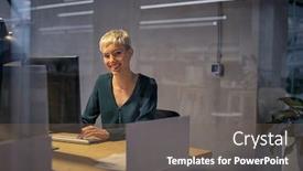  Presentation with working woman - Theme having smiling-cool-business-woman-working background and a gray colored foreground