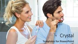  Presentation with oral cancer teeth - PPT theme featuring smiling couple brushing their teeth in bathroom background and a light blue colored foreground