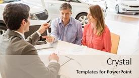  Presentation with car buying - Audience pleasing slides consisting of smiling couple buying a new car at new car showroom backdrop and a lemonade colored foreground