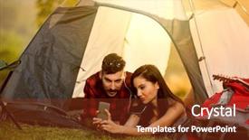 Presentation with tent - PPT theme featuring smiling couple camping in tent background and a tawny brown colored foreground