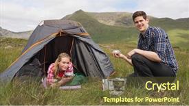  Presentation with camping - Presentation theme having smiling couple cooking outdoors on camping trip looking at camera background and a tawny brown colored foreground