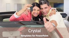  Presentation with car key - Presentation design consisting of smiling couple giving thumbs up and holding car key at new car showroom background and a coral colored foreground