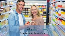  Presentation with canned food - Presentation design featuring smiling couple holding canned food at supermarket background and a teal colored foreground