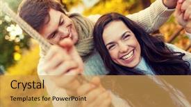  Presentation with relationship - Audience pleasing slide set consisting of smiling couple hugging in autumn backdrop and a yellow colored foreground