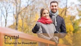  Presentation with family and home love concept - Theme consisting of smiling couple hugging on bridge background and a coral colored foreground