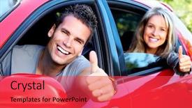  Presentation with self driving car - Colorful PPT layouts enhanced with smiling couple in a car backdrop and a red colored foreground