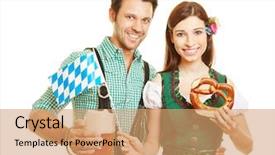  Presentation with bavaria - Slides having smiling couple in bavaria to oktoberfest with beer and pretzel background and a coral colored foreground