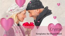 Presentation with parchment - Beautiful presentation featuring smiling couple in winter fashion posing with roses against parchment backdrop and a coral colored foreground