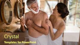  Presentation with safari - Amazing PPT theme having smiling-couple-interacting-while-shaving backdrop and a tawny brown colored foreground